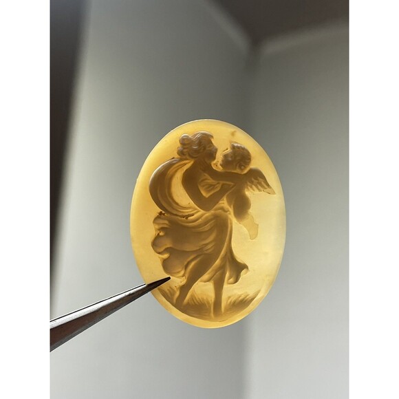 Antique Victorian Loose Woman Cherub Baby Cameo Conch Shell Carved Greek Signed - Picture 1 of 6
